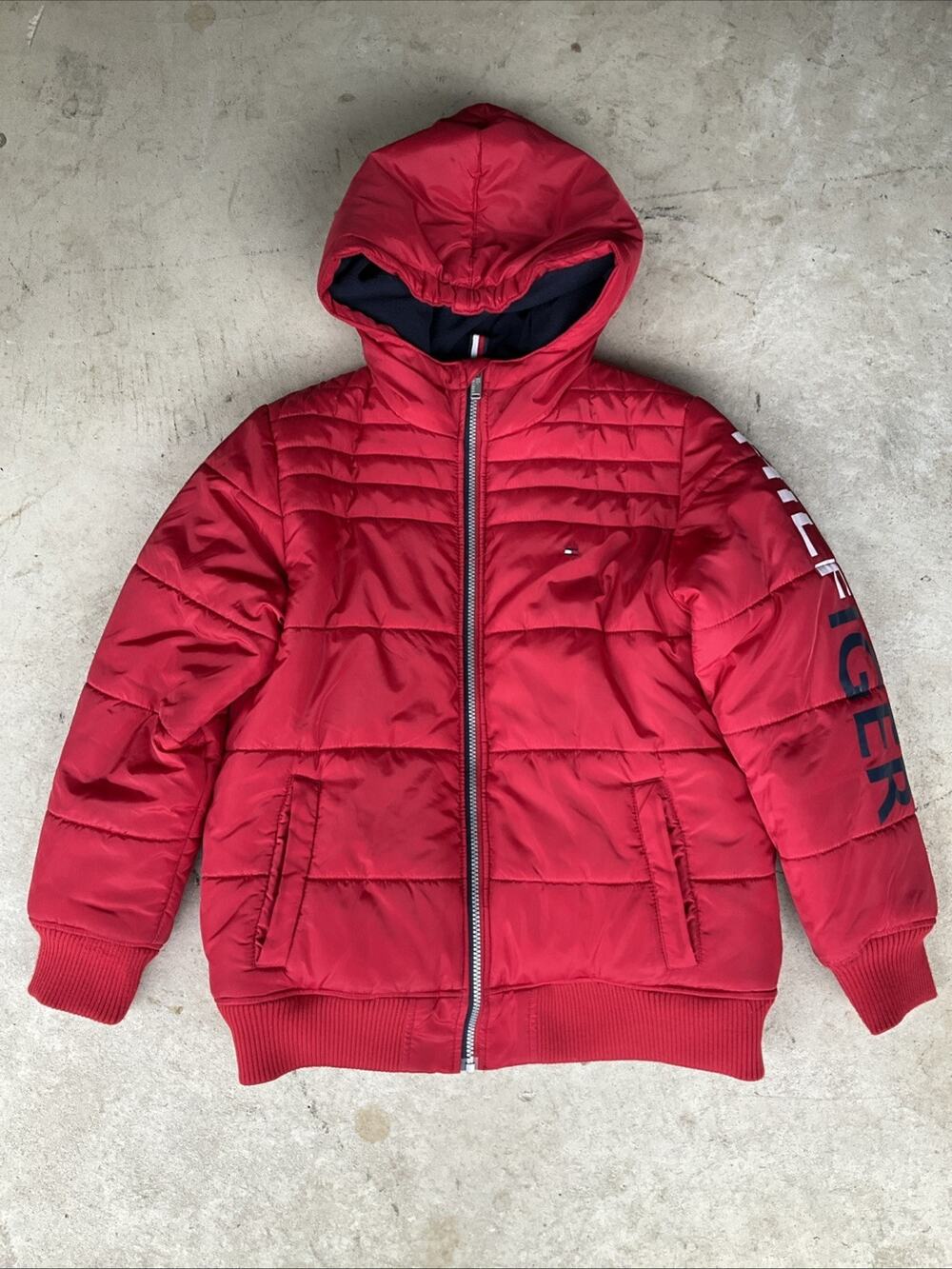Tommy Hilfiger Puffer Jacket Youth Large 16/18 Red Hooded Full Zip Sleeve Logo